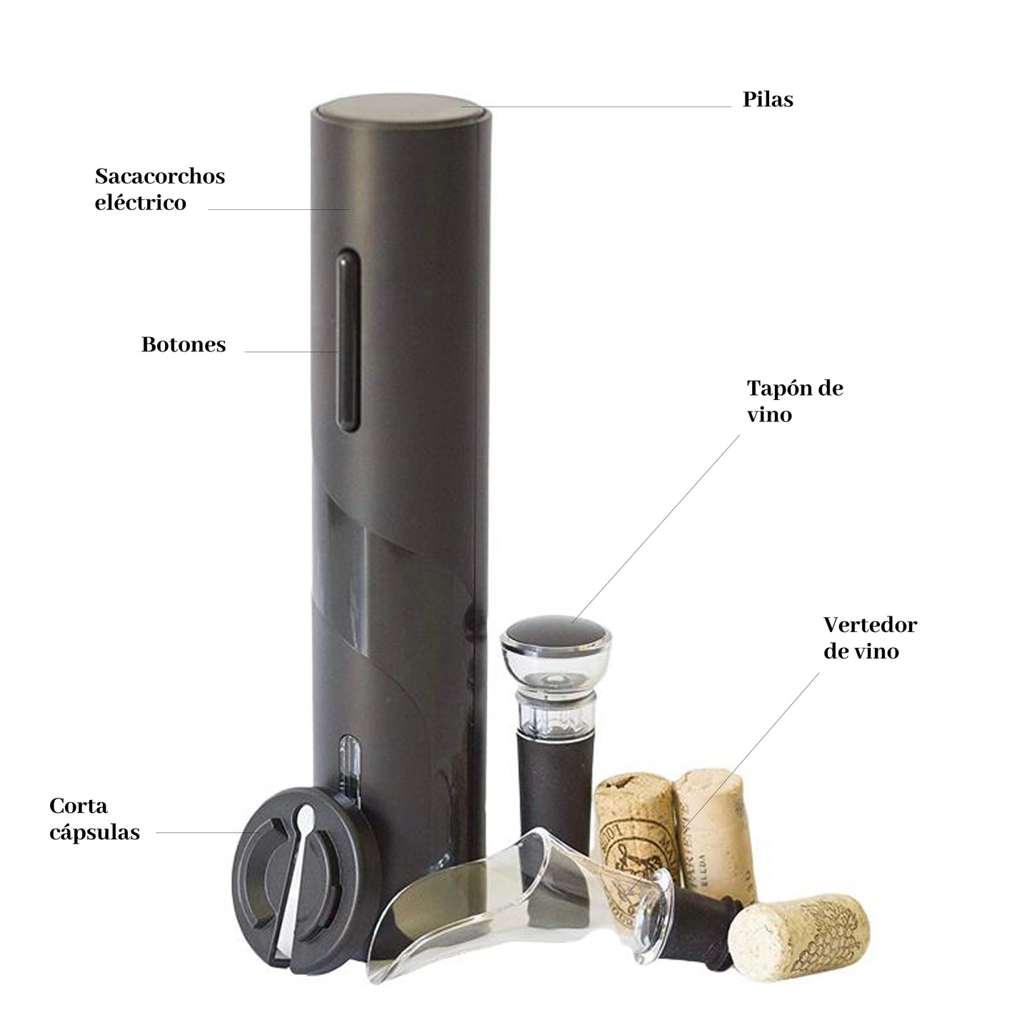 Juego de Sacacorchos eléctrico con corta cápsulas, vertedor y tapón de vino